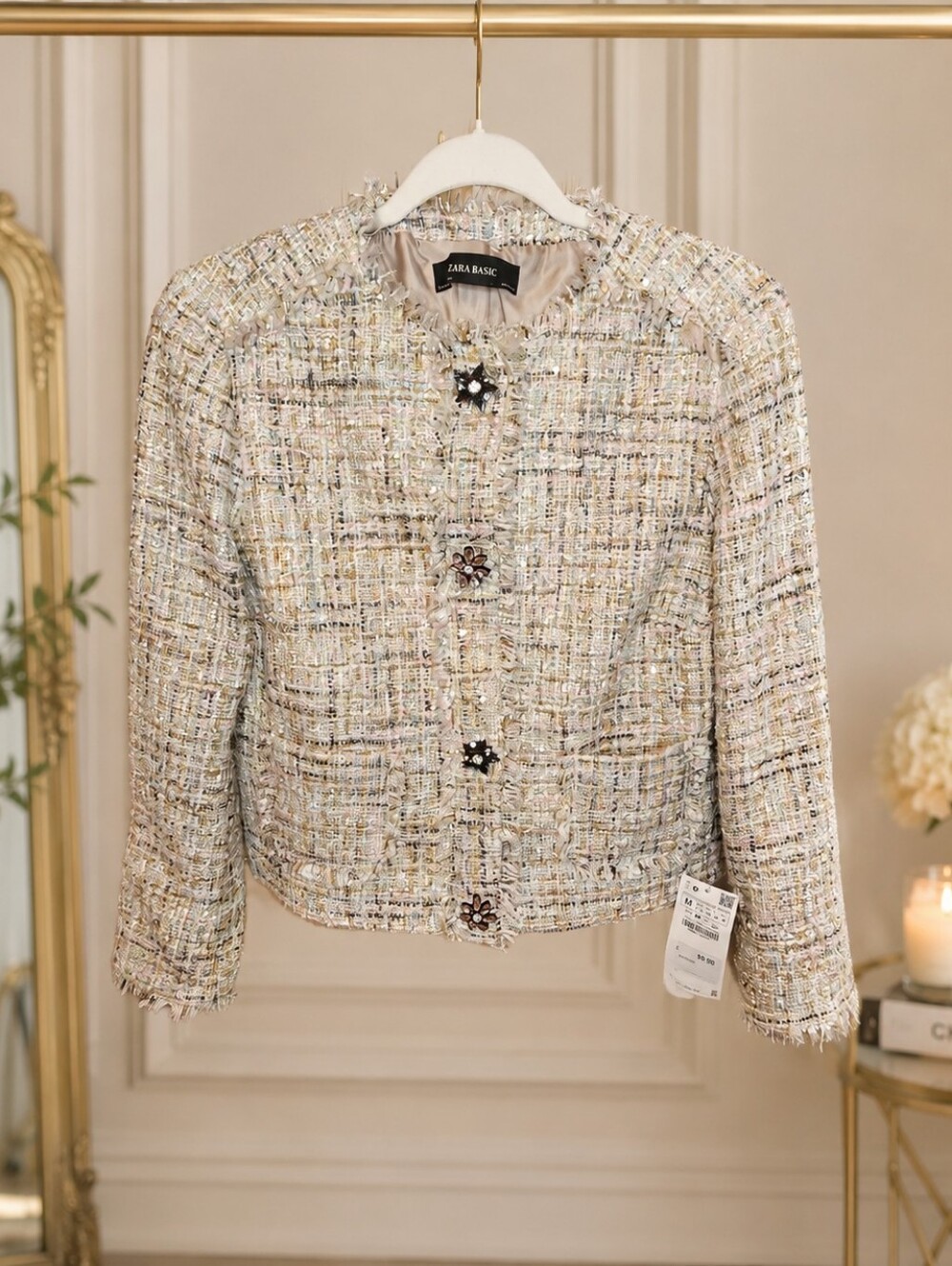 ZARA NWT Metallic Tweed Bouclé Jeweled Button Jacket Blazer M